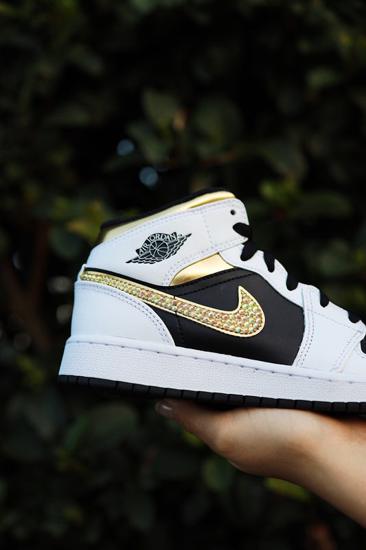 Blinged Retro High-Top Sneaker 1 Mid Gold Rhinestones Black Women