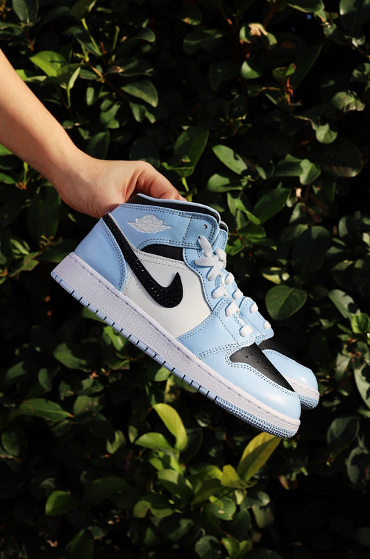Blinged Retro High-Top Sneaker 1 Mid Ice Blue Black Rhinestones Women