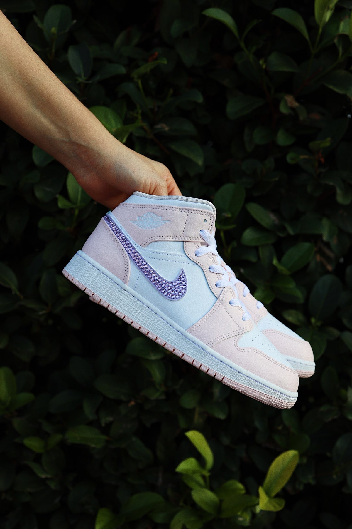 Blinged Retro High-Top Sneaker 1 Mid Light Pink and Purple Rhinestones White Women