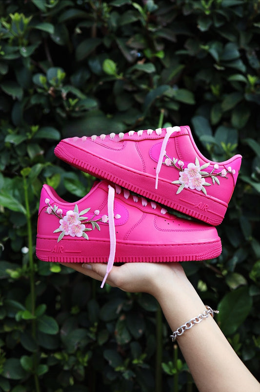 Embroidered Blossom Flower Patch Custom Hot Pink Low-Top Leather Sneaker