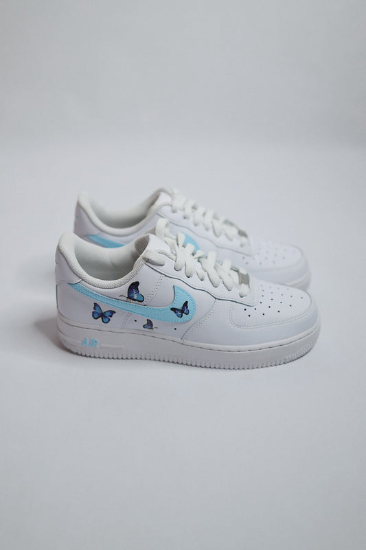 Low-Top Leather Sneaker Blue Side Stripe Butterflies — Sample Pair