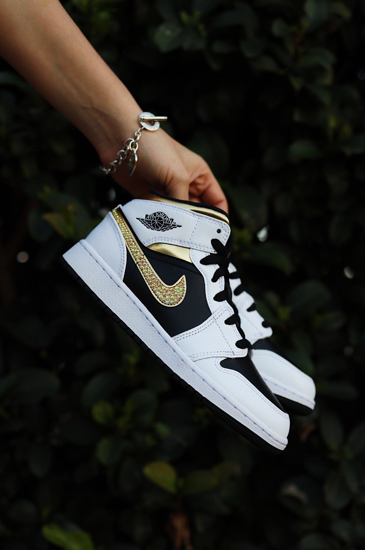 Blinged Retro High-Top Sneaker 1 Mid Gold Rhinestones Black Women