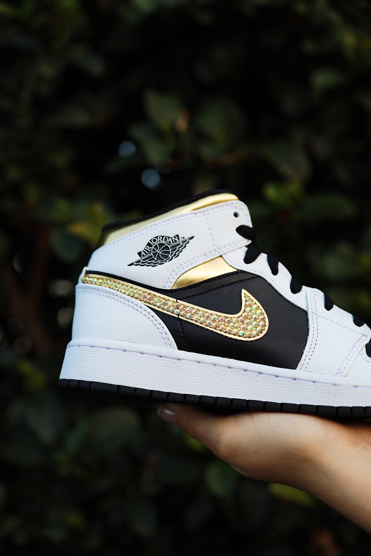 Blinged Retro High-Top Sneaker 1 Mid Gold Rhinestones Black Women