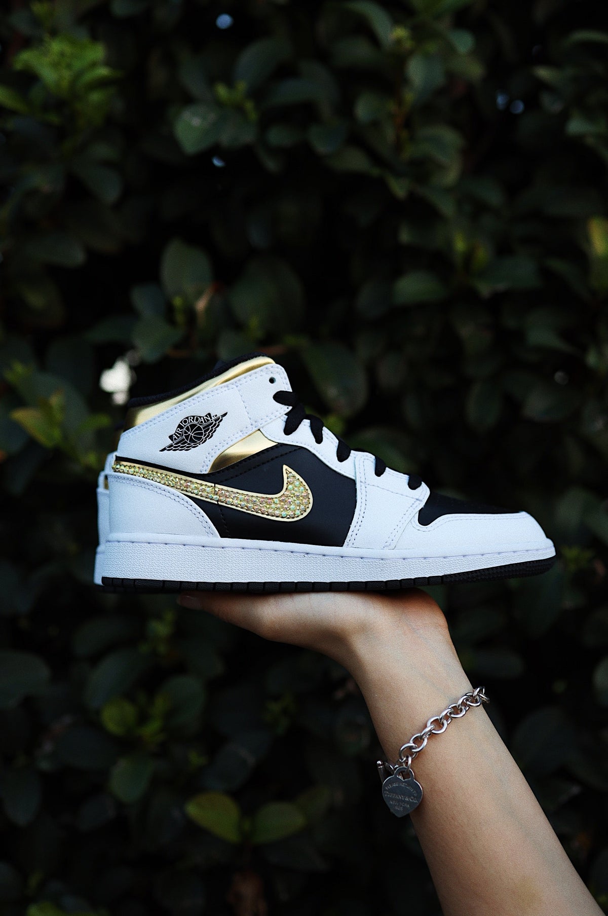 Blinged Retro High-Top Sneaker 1 Mid Gold Rhinestones Black Women