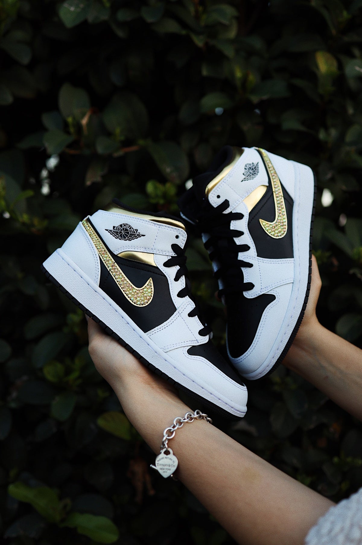 Blinged Retro High-Top Sneaker 1 Mid Gold Rhinestones Black Women