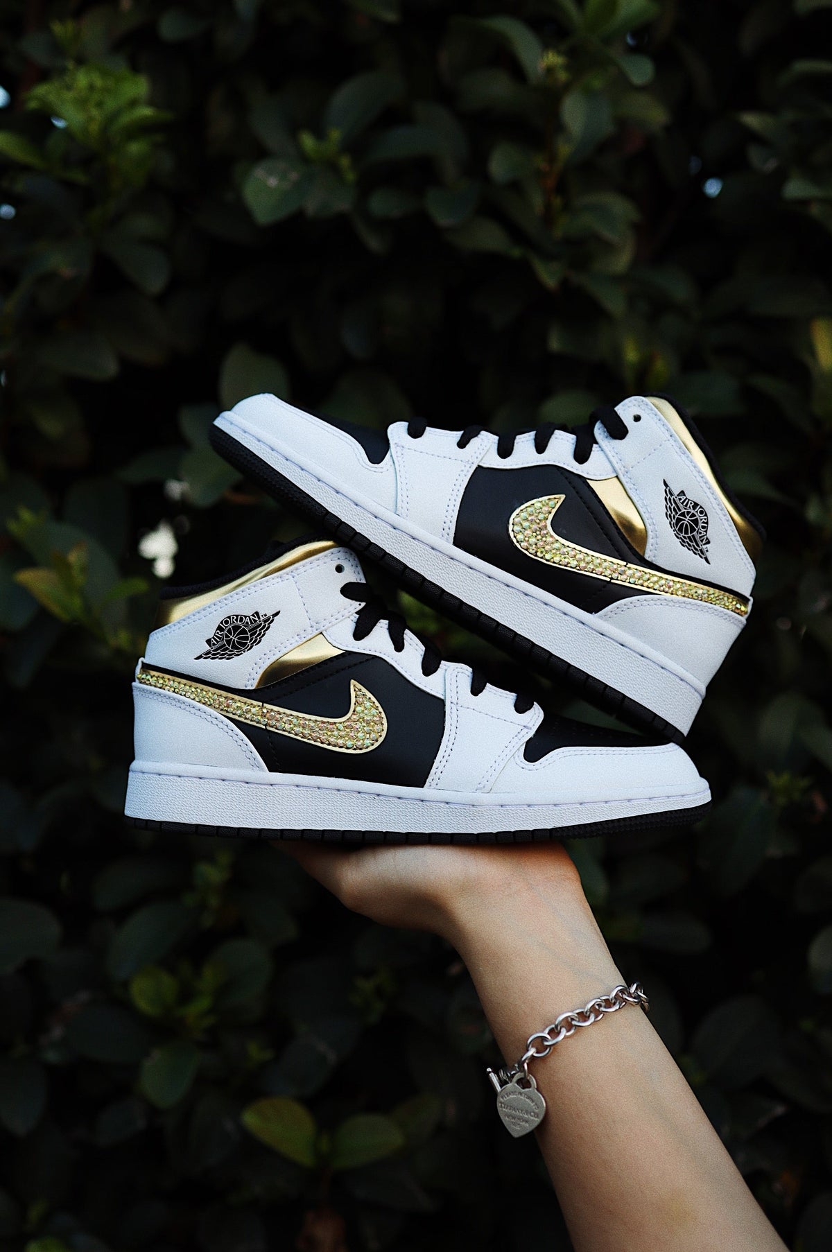 Blinged Retro High-Top Sneaker 1 Mid Gold Rhinestones Black Women