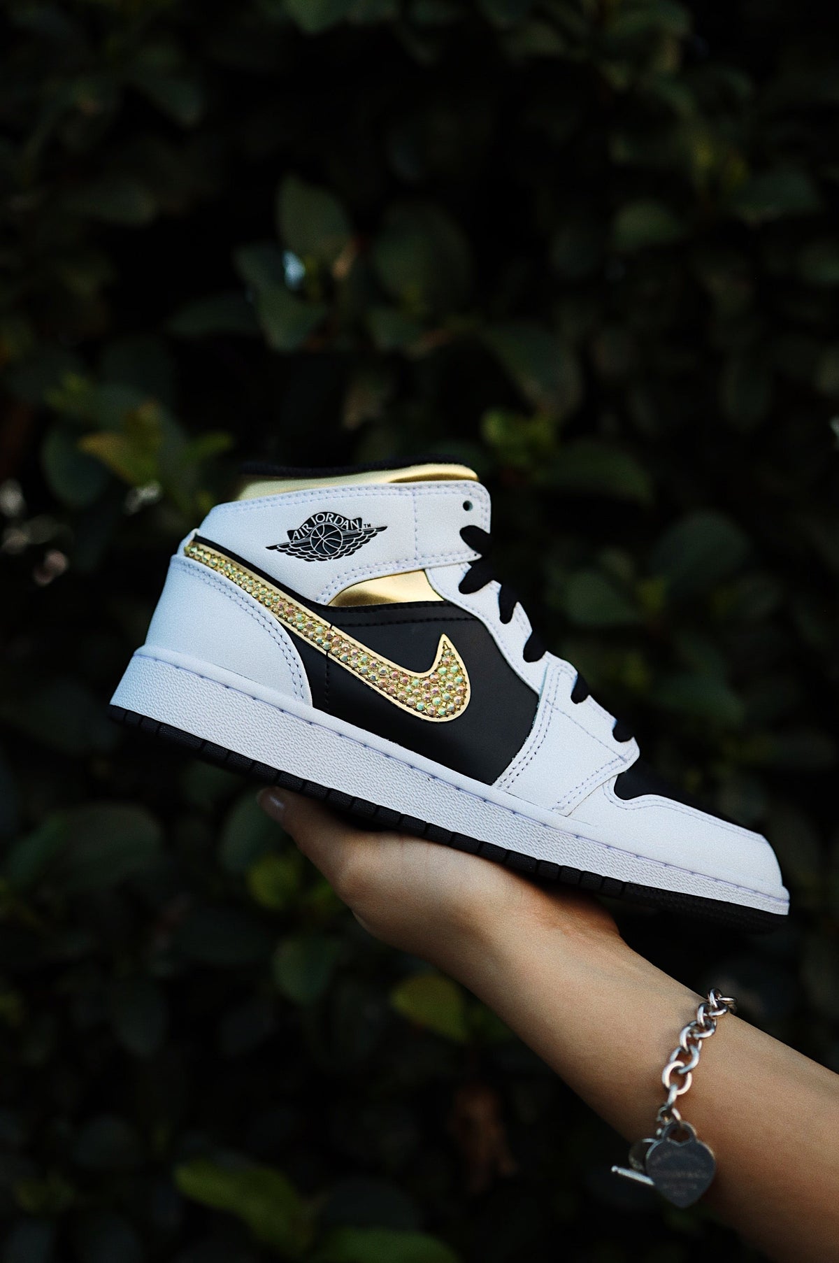 Blinged Retro High-Top Sneaker 1 Mid Gold Rhinestones Black Women