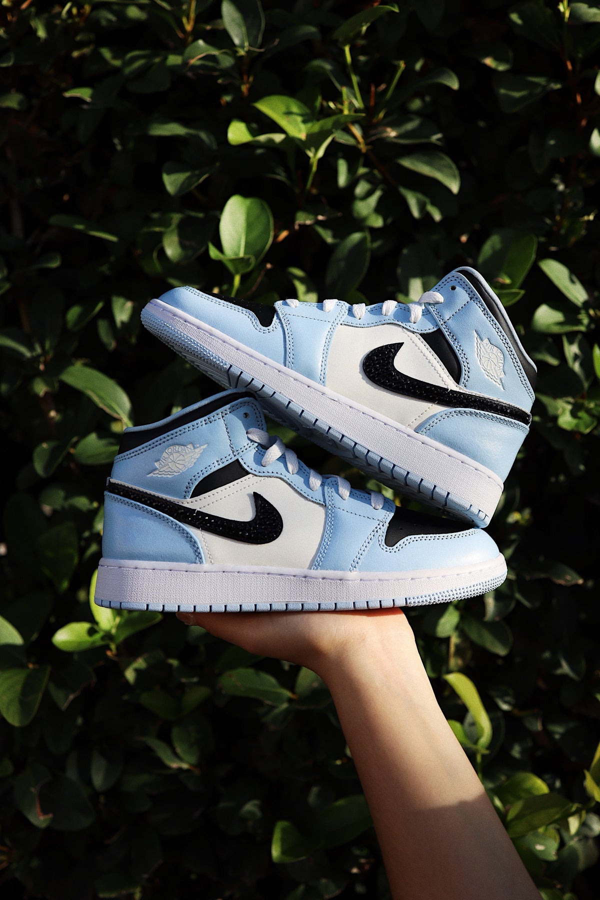 Blinged Retro High-Top Sneaker 1 Mid Ice Blue Black Rhinestones Women