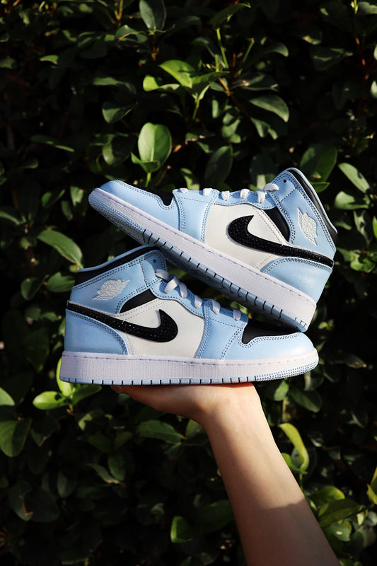 Blinged Retro High-Top Sneaker 1 Mid Ice Blue Black Rhinestones Women
