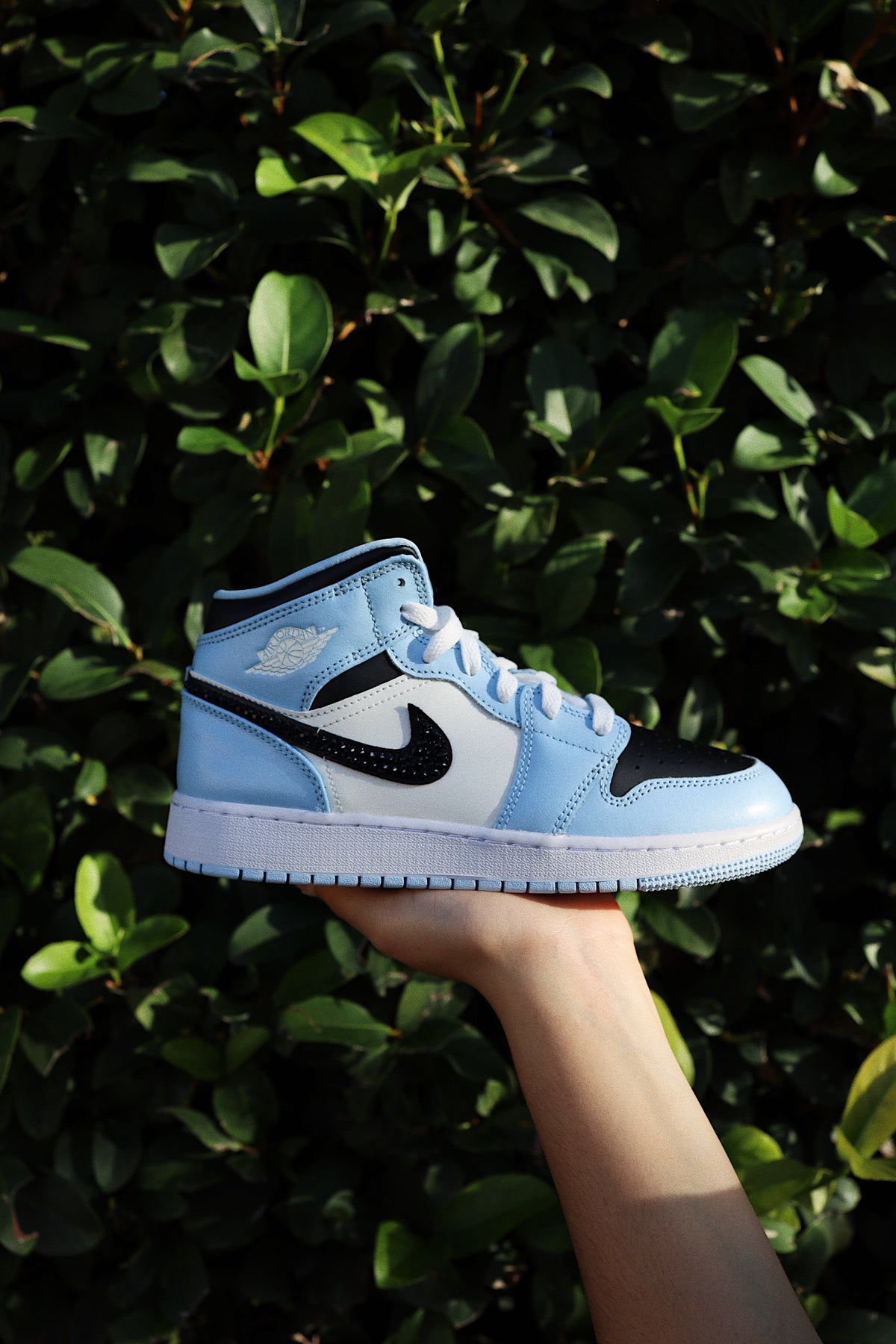 Blinged Retro High-Top Sneaker 1 Mid Ice Blue Black Rhinestones Women