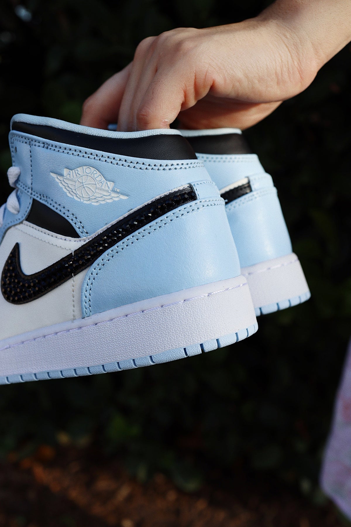 Blinged Retro High-Top Sneaker 1 Mid Ice Blue Black Rhinestones Women