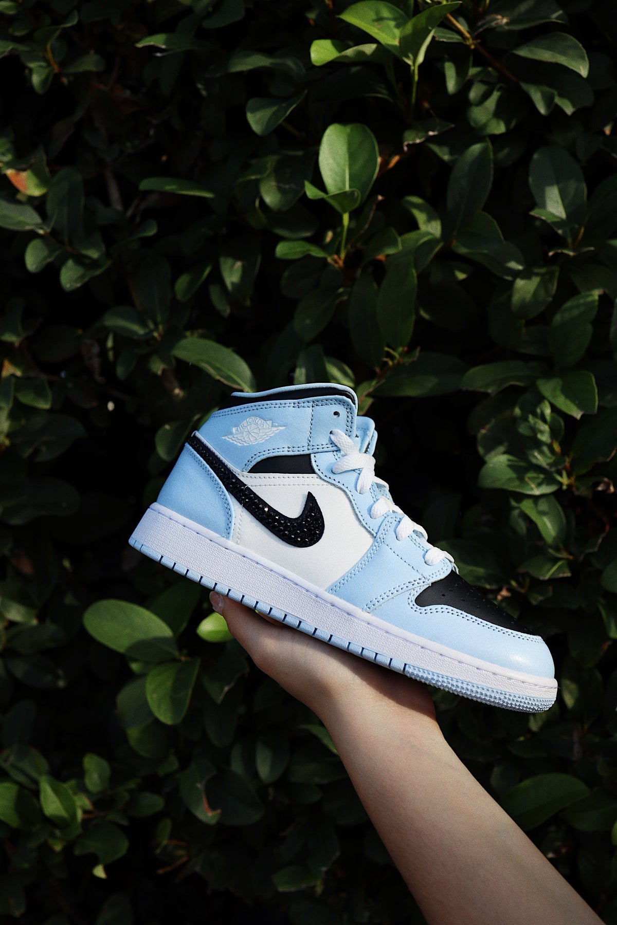 Blinged Retro High-Top Sneaker 1 Mid Ice Blue Black Rhinestones Women