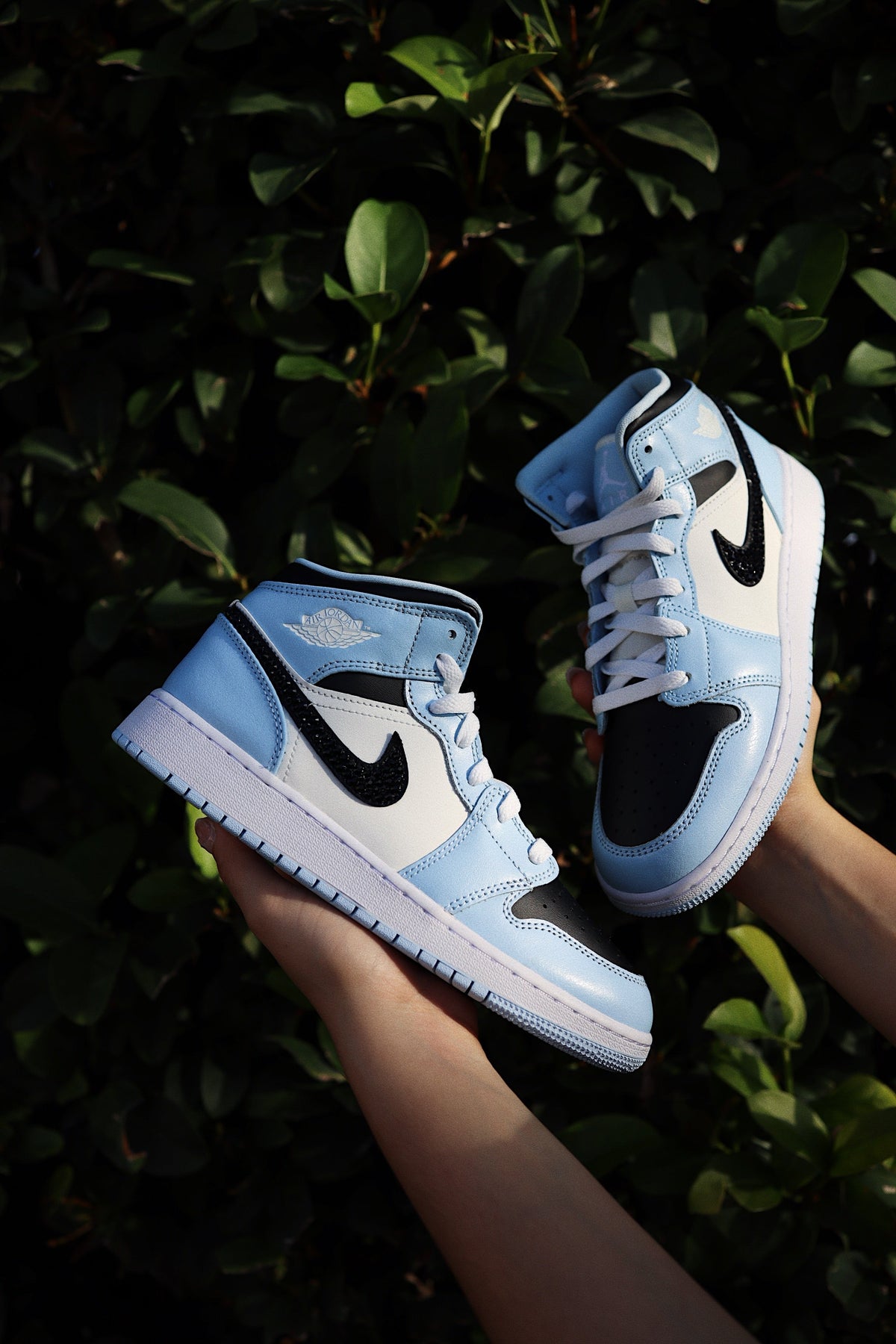 Blinged Retro High-Top Sneaker 1 Mid Ice Blue Black Rhinestones Women
