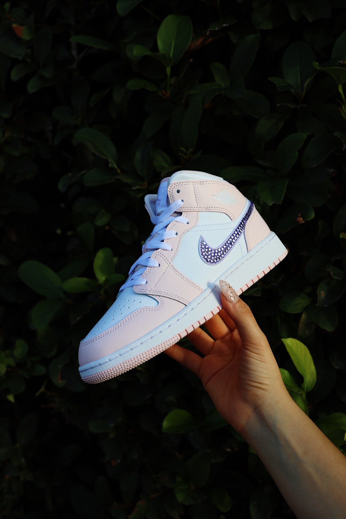 Blinged Retro High-Top Sneaker 1 Mid Light Pink and Purple Rhinestones White Women