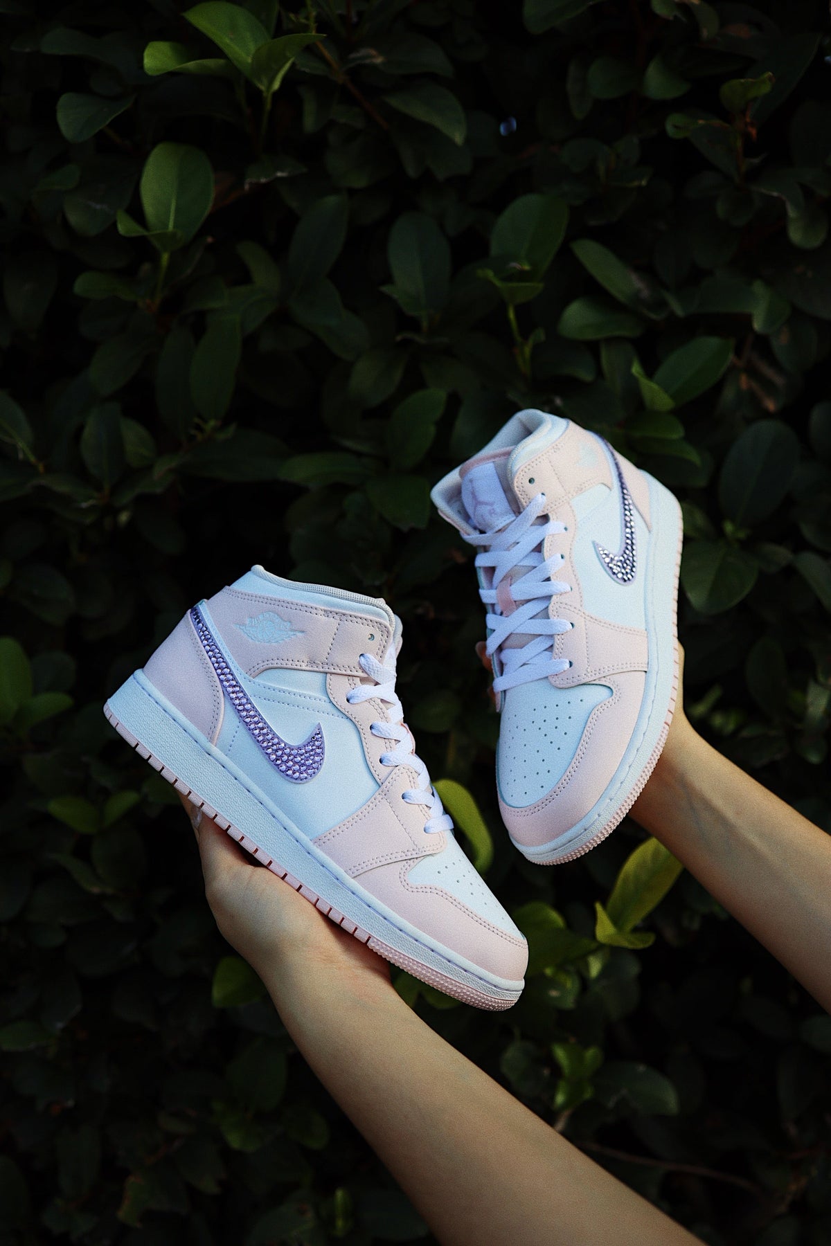 Blinged Retro High-Top Sneaker 1 Mid Light Pink and Purple Rhinestones White Women