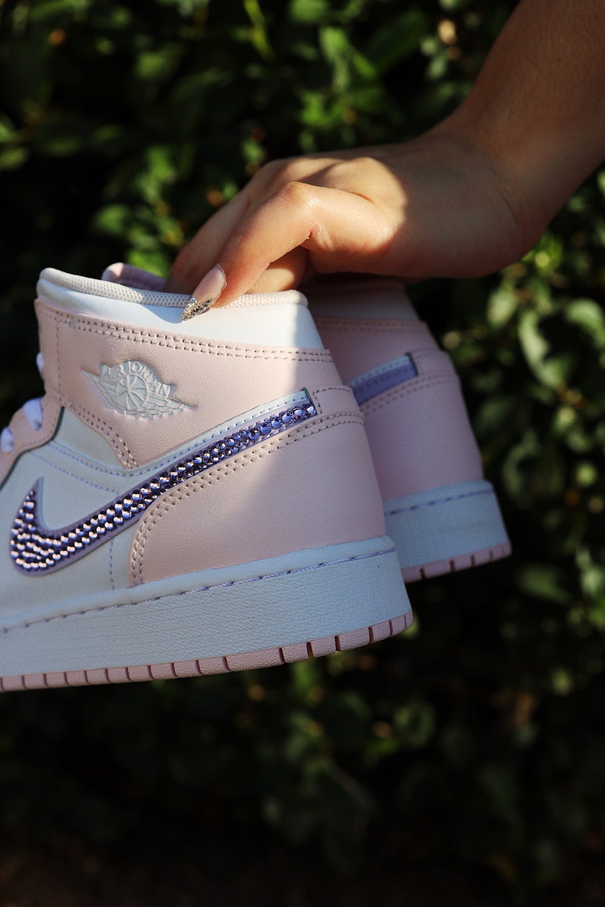 Blinged Retro High-Top Sneaker 1 Mid Light Pink and Purple Rhinestones White Women