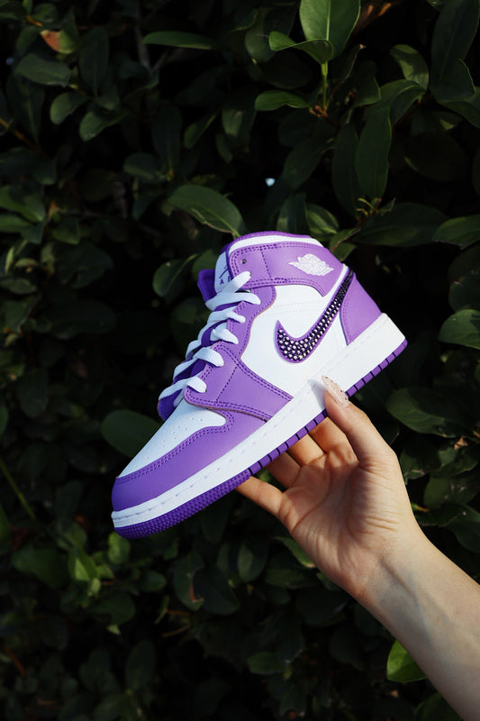 Blinged Retro High-Top Sneaker 1 Mid Purple Rhinestones White Women