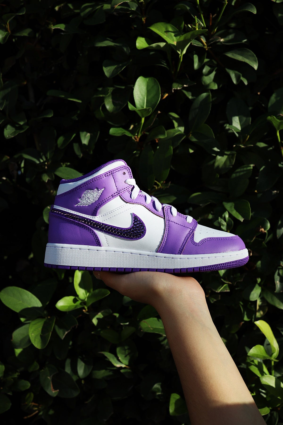 Blinged Retro High-Top Sneaker 1 Mid Purple Rhinestones White Women