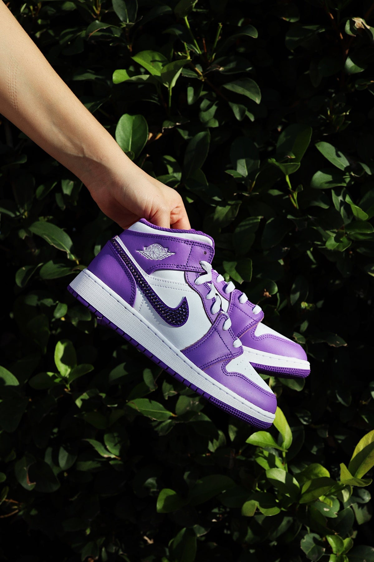 Blinged Retro High-Top Sneaker 1 Mid Purple Rhinestones White Women