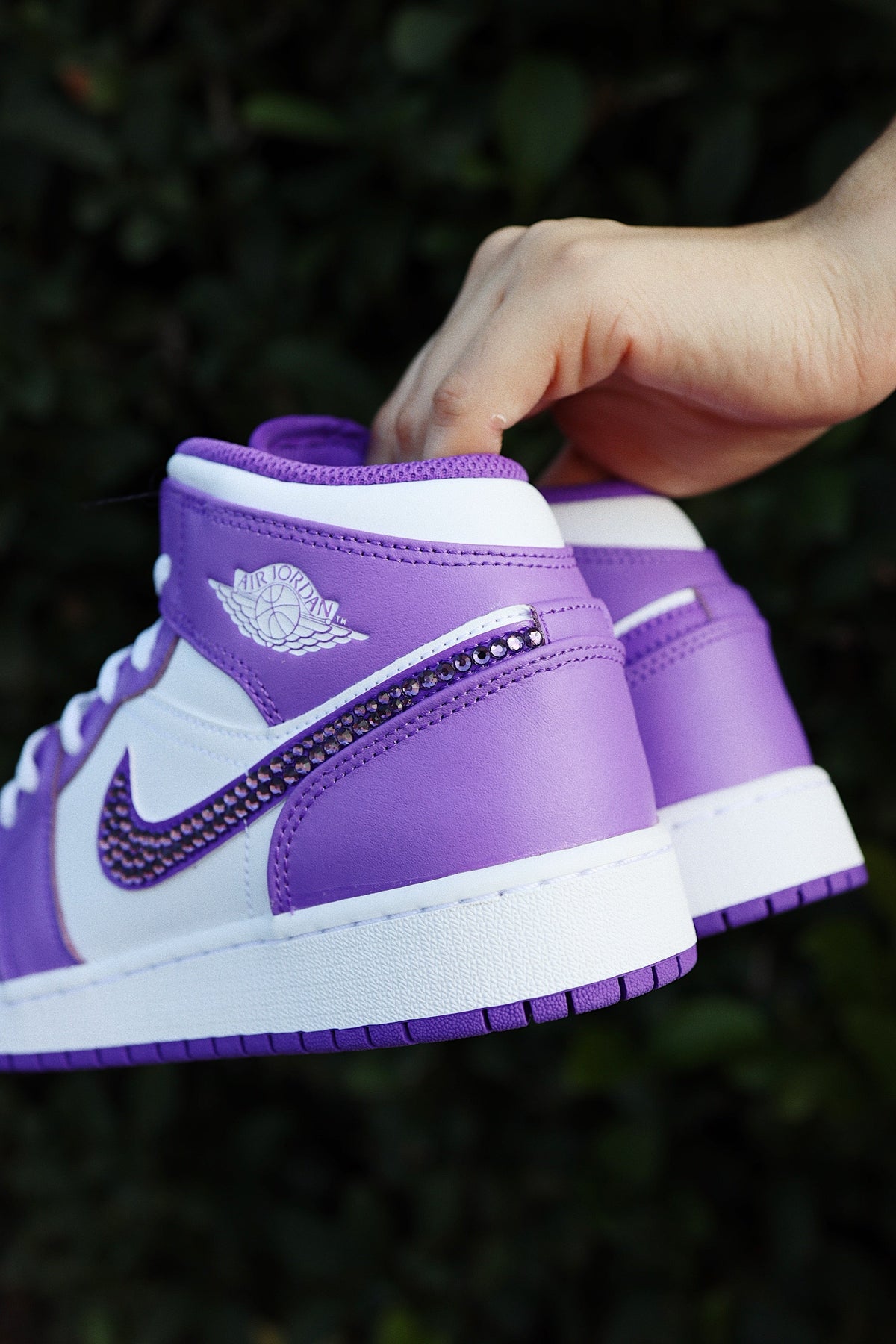 Blinged Retro High-Top Sneaker 1 Mid Purple Rhinestones White Women