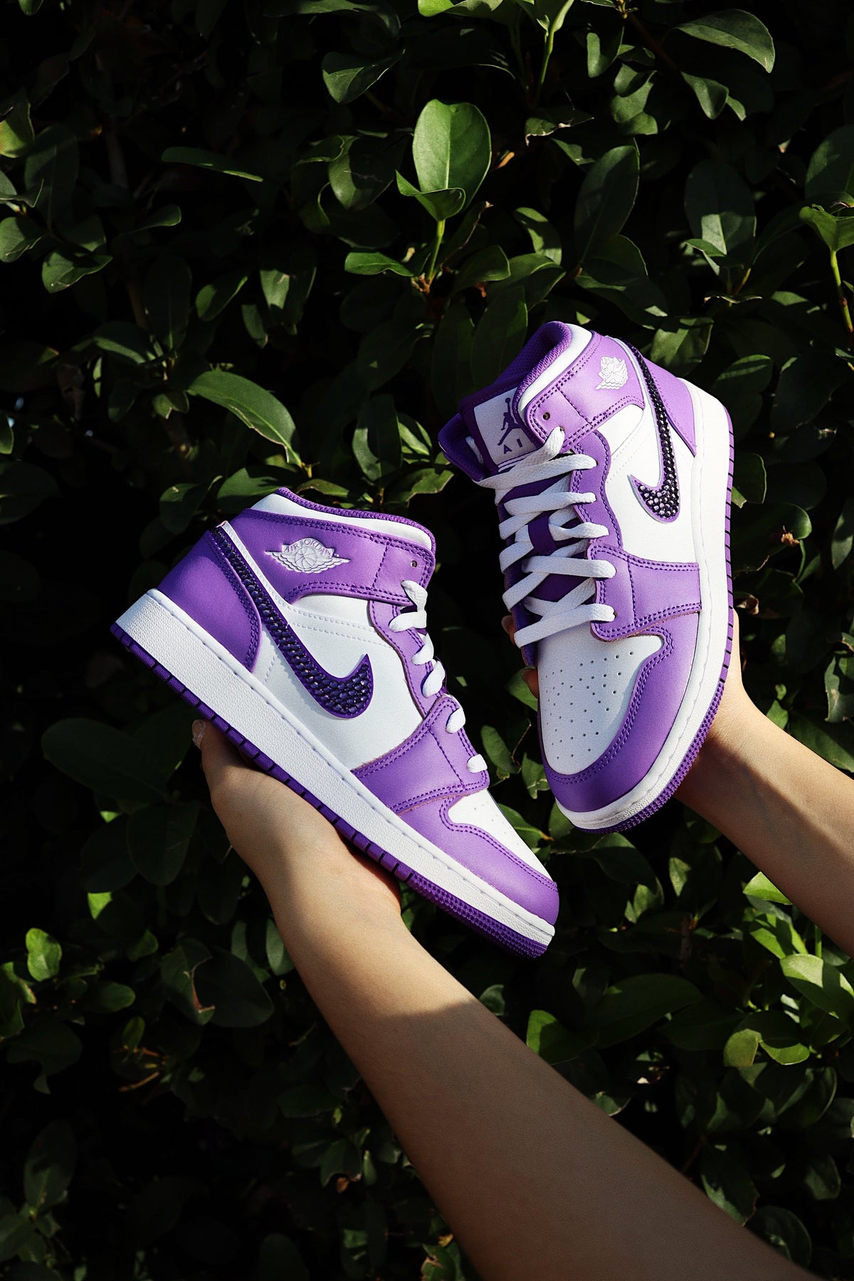 Blinged Retro High-Top Sneaker 1 Mid Purple Rhinestones White Women