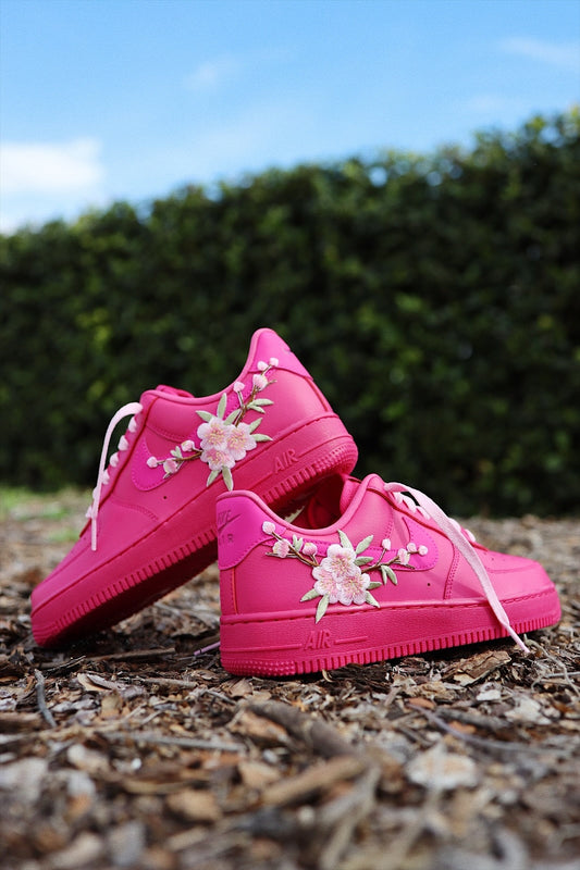 Embroidered Blossom Flower Patch Custom Hot Pink Low-Top Leather Sneaker