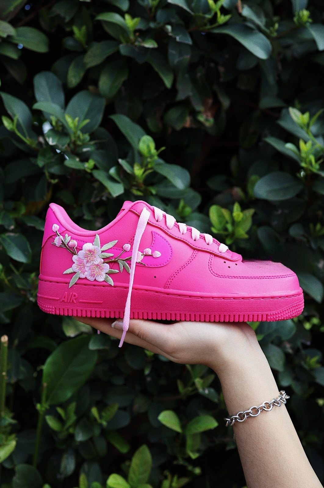 Embroidered Blossom Flower Patch Custom Hot Pink Low-Top Leather Sneaker
