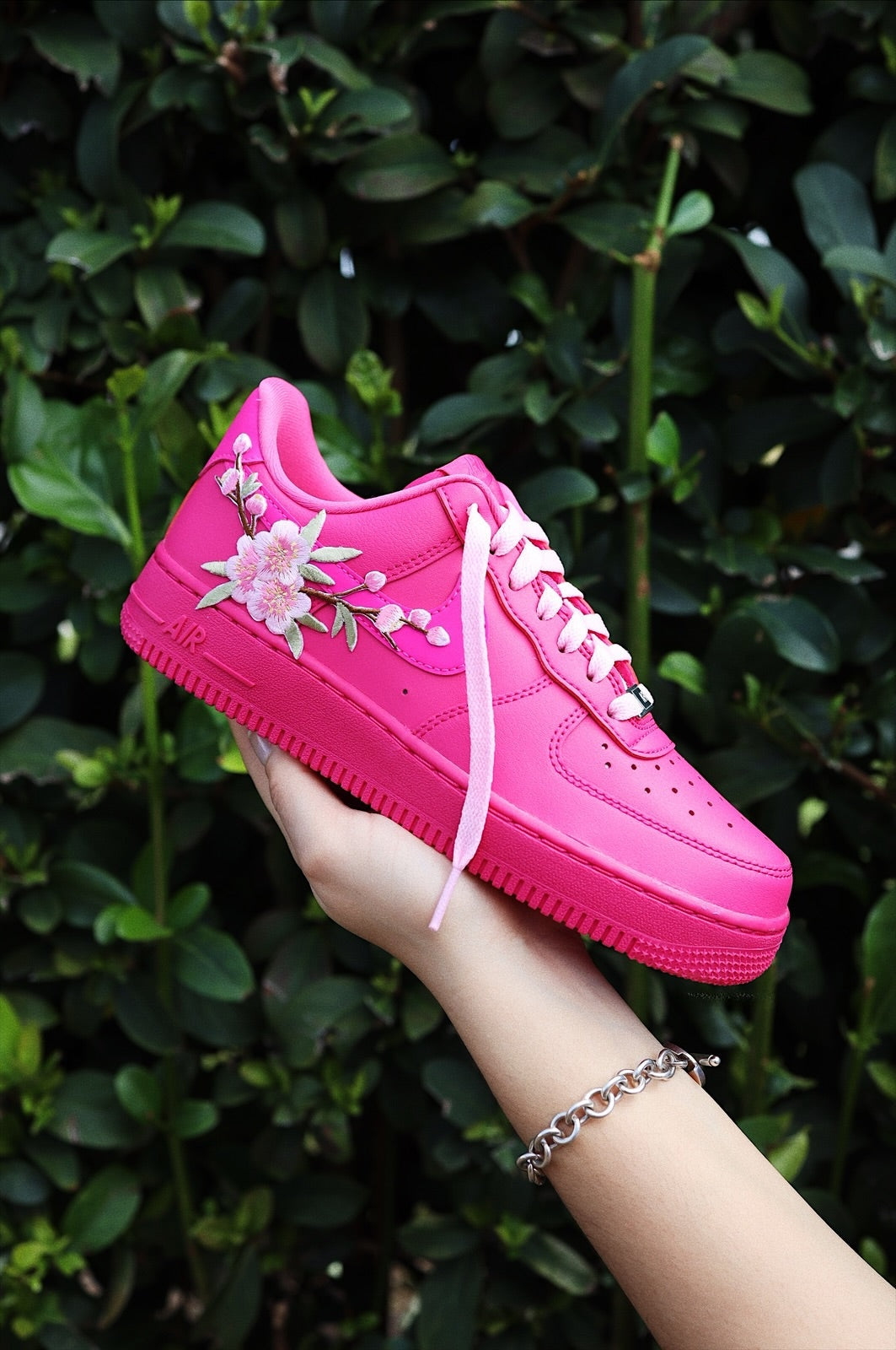 Embroidered Blossom Flower Patch Custom Hot Pink Low-Top Leather Sneaker