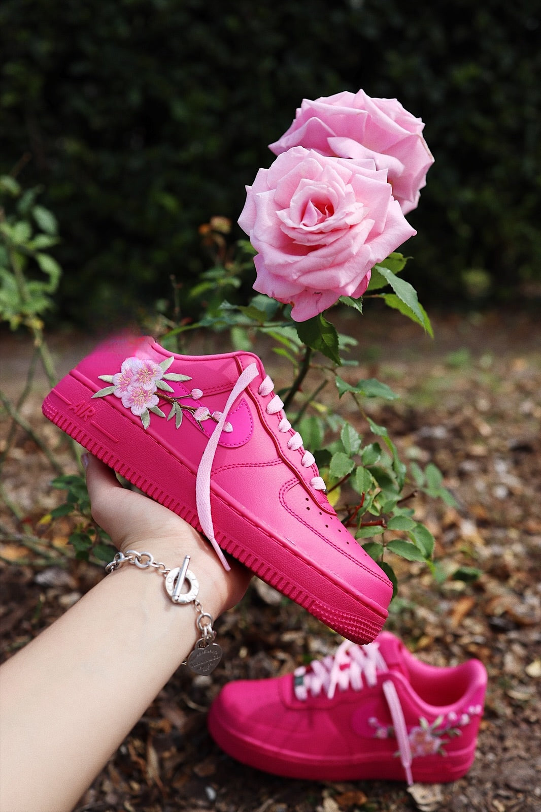 Embroidered Blossom Flower Patch Custom Hot Pink Low-Top Leather Sneaker