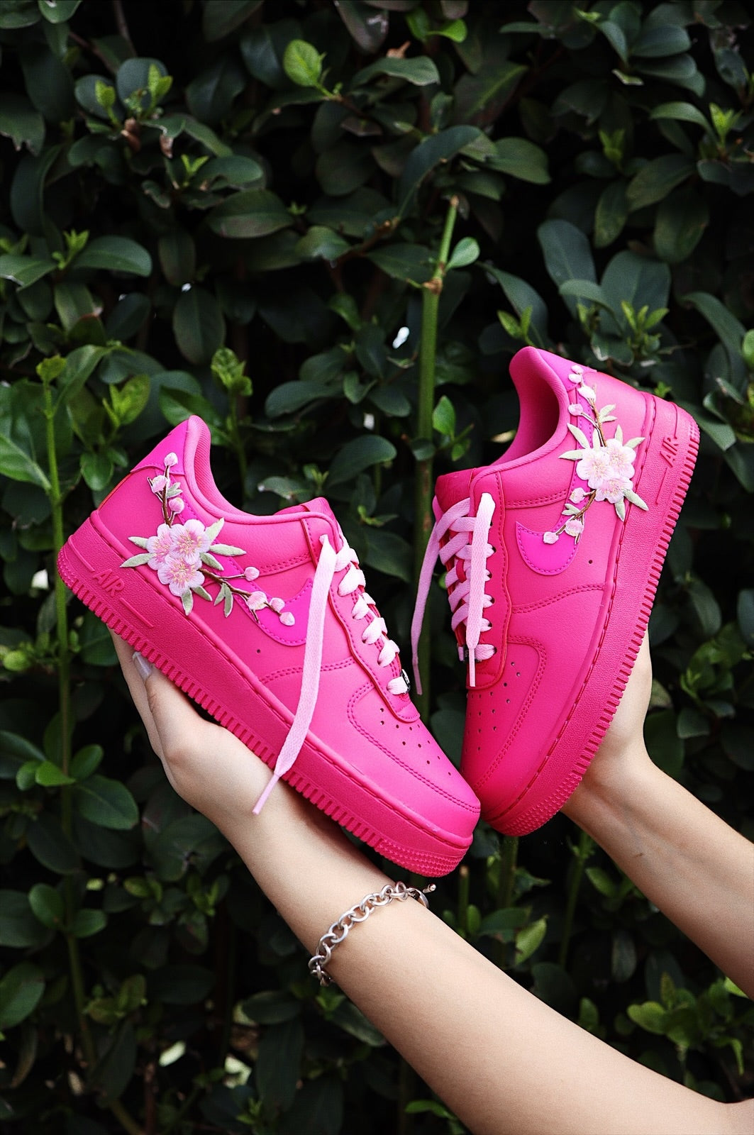 Embroidered Blossom Flower Patch Custom Hot Pink Low-Top Leather Sneaker