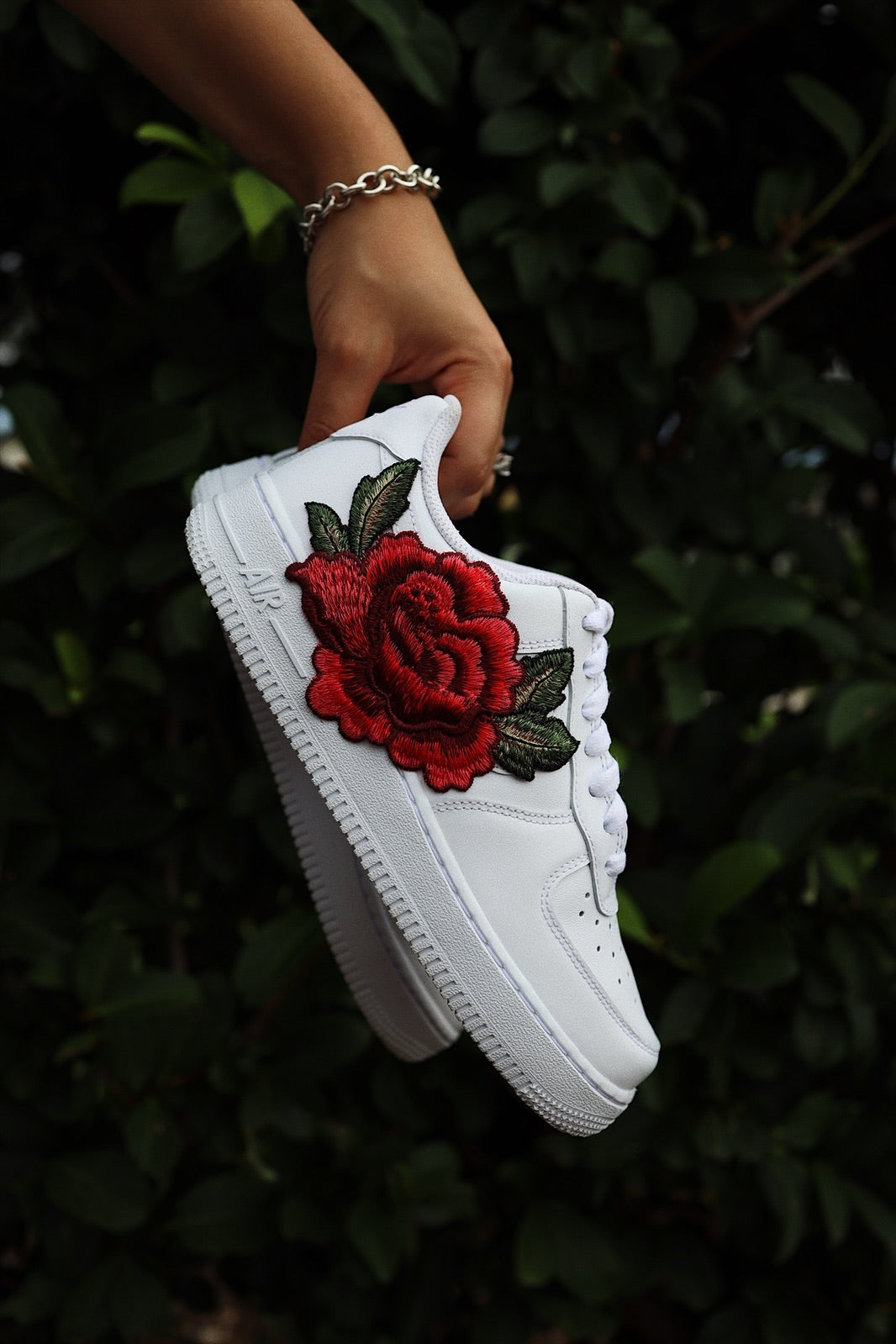 Embroidered Red Rose Flower Custom Low-Top Leather Sneaker