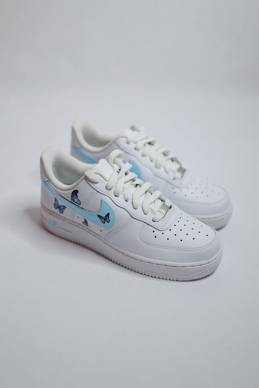Low-Top Leather Sneaker Blue Side Stripe Butterflies — Sample Pair