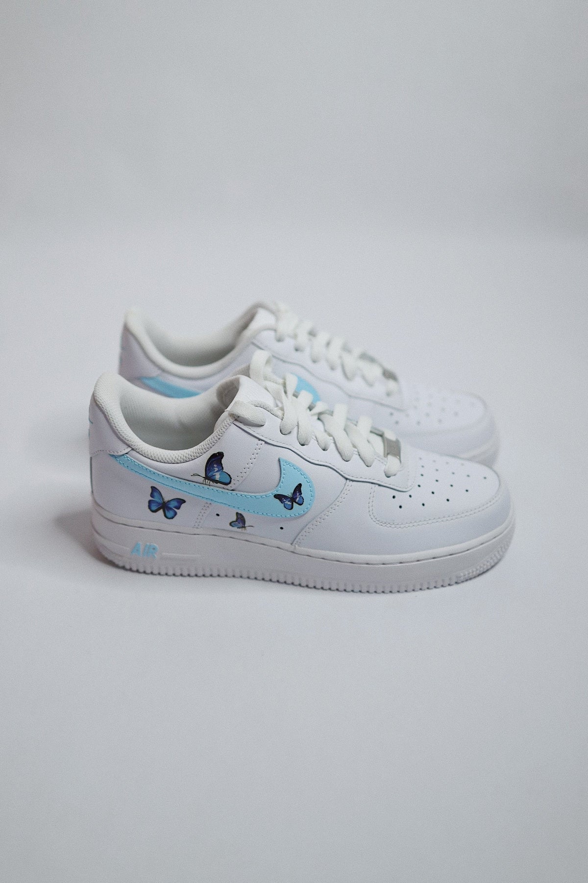 Low-Top Leather Sneaker Blue Side Stripe Butterflies — Sample Pair